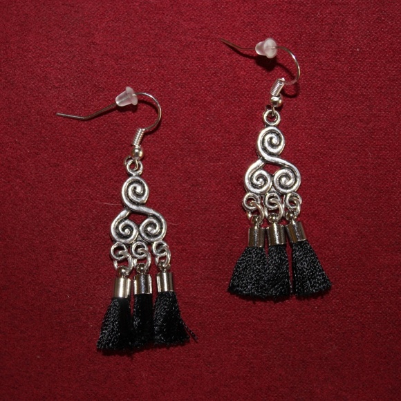 Jewelry - Silver Swirl With Black Tassel Earrings
